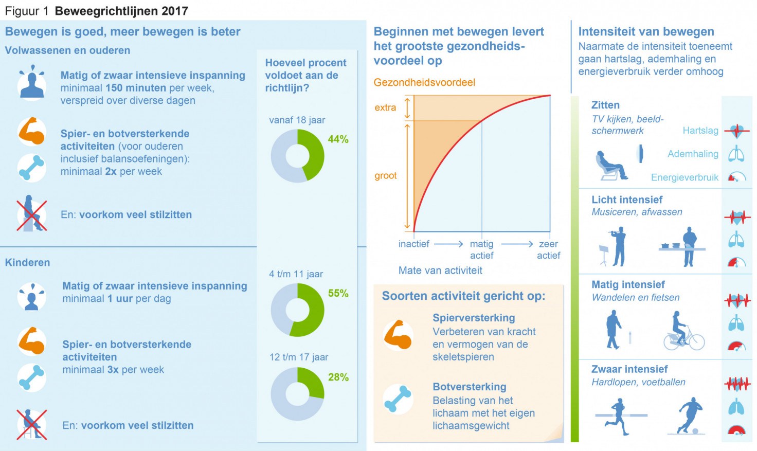 Afbeelding beweegrichtlijnen 2017. Bron:Gezondheidsraad Den Haag, publicatienummer 2017/08
