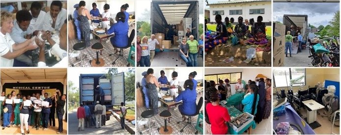 collage van verschillende activiteiten van ZGT Overzee, waaronder het leveren van goederen op verschillende plekken